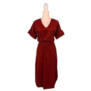 Vintage 70s Rust Velvet Dress Women's L Midi Retro Hippie Casual Cottage Boho